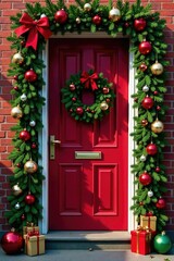 Fototapeta premium Festive Christmas door decorated with ornaments and flowers, christmas, festive, garland