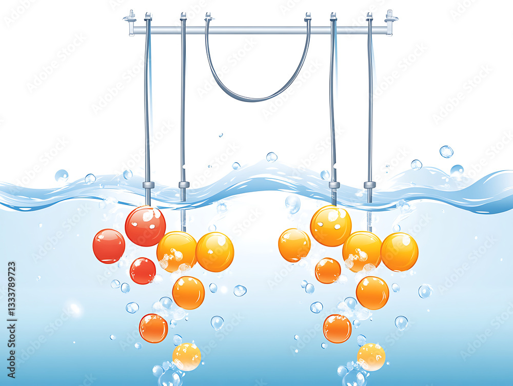 Poster a colorful arrangement of spheres suspended in water, creating a visually appealing and vibrant unde