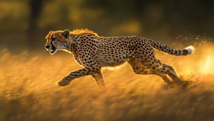 Obraz premium Majestic Cheetah Running Across Golden Grassland in the Wild, Captured in Vibrant Sunset Light, Showcasing Speed and Grace of Nature's Creatures