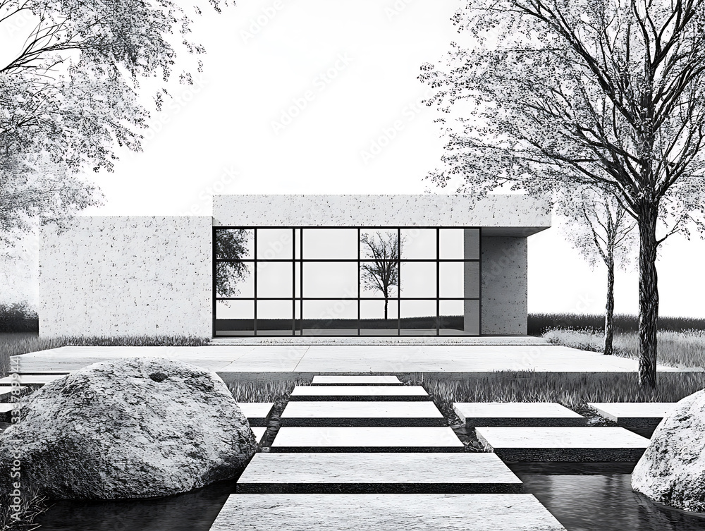 Poster a modern architectural design featuring a minimalist house with large glass windows set in a serene 