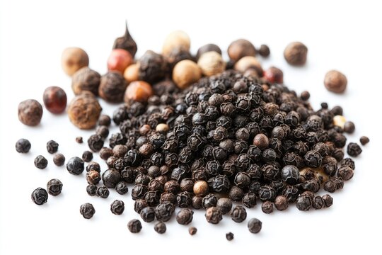 Assorted peppercorns pile on white background