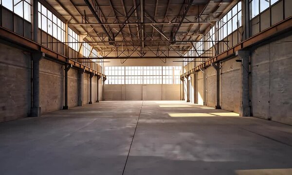 A vast, empty industrial warehouse bathed in natural light, with concrete and steel infrastructure.