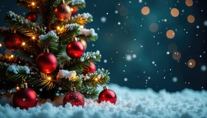 Festive Christmas tree with sparkling balls and lights, sparkle, merry, snowy