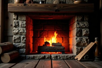 Glowing embers in a fireplace with rustic wooden beams, rustic, crackling