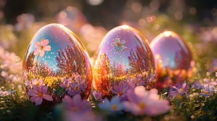 Glass Easter eggs with shimmering pastel shades and floral details placed in a soft flower bed