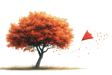 A Crimson Autumn Tree Releasing Its Leaves On A Breezy Day, A Red Kite Soaring High Against A Bright White Sky, Symbolizing Freedom And The Passing Of Seasons Isolated on Transparent Background