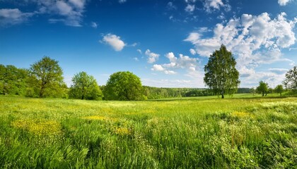 beautiful spring summer natural landscape with a meadow of grass trees and blue sky with clouds on a bright sunny day