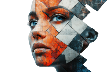 A Fractured Yet Beautiful Womans Face, A Mosaic Of Intense Orange, Grey, And Blue Hues, Evokes Resilience And Hidden Strength With A Striking Artistic Style Isolated on Transparent Background