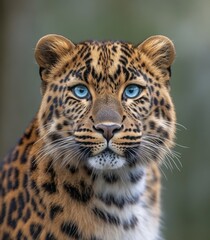 Obraz premium Majestic Close-Up of a Beautiful Leopard with Striking Blue Eyes Staring Intensely at the Camera in Natural Habitat, Mysterious Wildlife Portrait Photography