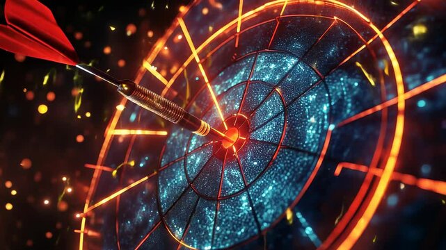 High-tech LED target glows vibrantly as dart strikes bullseye, sending burst of electric sparks through air. Fusion of neon lights and digital precision creates thrilling and futuristic gaming moment