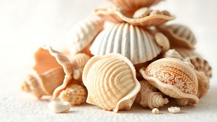 "Elegant Close-Up of Stacked Seashells with a Soft Blurred Background"