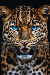 Naklejka premium Majestic close-up of a fierce leopard with striking blue eyes and detailed fur patterns against a dark background showcasing natural beauty and intensity.