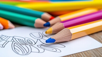 Fototapeta premium Colorful Art Supplies with Pencils and Sketches on Wooden Table