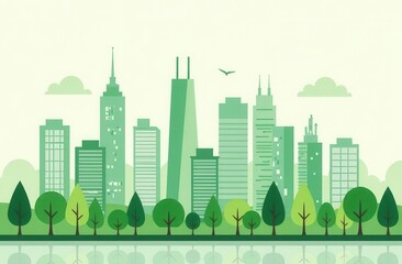 Eco-friendly cityscape with green buildings and trees for environmental awareness design