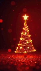 Glowing gold star tree on dark red glitter background, red glitter, festive lights, christmas tree