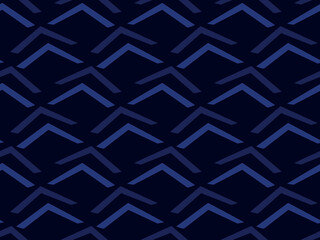 Mountains, waves, lines, triangles. Deep blue colors. Style and fashion. Seamless vector pattern for design and decoration. 