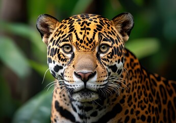 Fototapeta premium Majestic Close-Up of a Jaguar Staring Intently Among Lush Greenery in a Natural Habitat Environment