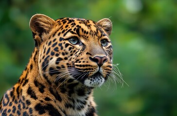 Obraz premium Majestic Close-Up of a Leopard Head with Striking Eyes and Distinctive Spotted Coat in a Lush Green Natural Habitat
