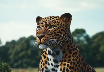 Fototapeta premium Majestic Close-Up of a Leopard in Natural Habitat Featuring Distinctive Spots and Intense Eyes Against a Soft Blur of Green Background