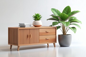 Tranquil Home Dcor Featuring A Light Wood Sideboard Adorned With Lush Greenery And Minimalist Accessories, Bathed In Soft, Natural Light