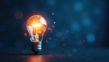 Glowing light bulb shines on dark blue bokeh background, emitting sparkles of white and pastel colors, soft glow, sparkle, dark blue
