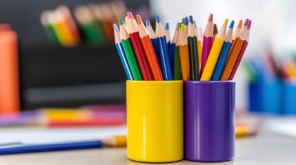 Fototapeta premium Colorful Pencils in Bright Containers on a Modern Workspace Desk