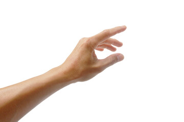 Asian man's hand making an outstretched gesture on a white background.