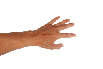 Asian man's hand making an outstretched gesture on a white background.
