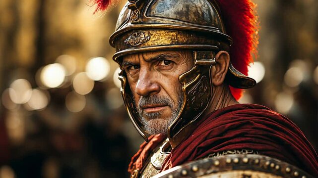 A fierce Roman soldier clad in formidable battle armor, ready for action