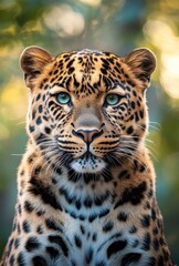 Obraz premium Majestic Close-Up of a Leopard Showcasing Distinctive Spots, Striking Green Eyes, and Feline Grace in a Natural Outdoor Habitat