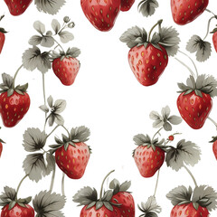 Vivid Red Strawberries with Detailed Green Leaves on Transparent Background – Seamless Botanical Pattern, Artistic Food Design Fresh Fruit Digital Art, Fabric, and Packaging Design