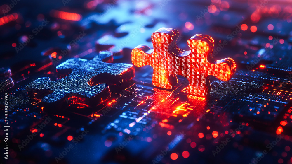 Poster digital representation of api integration concept with two interlocking puzzle pieces against a futu