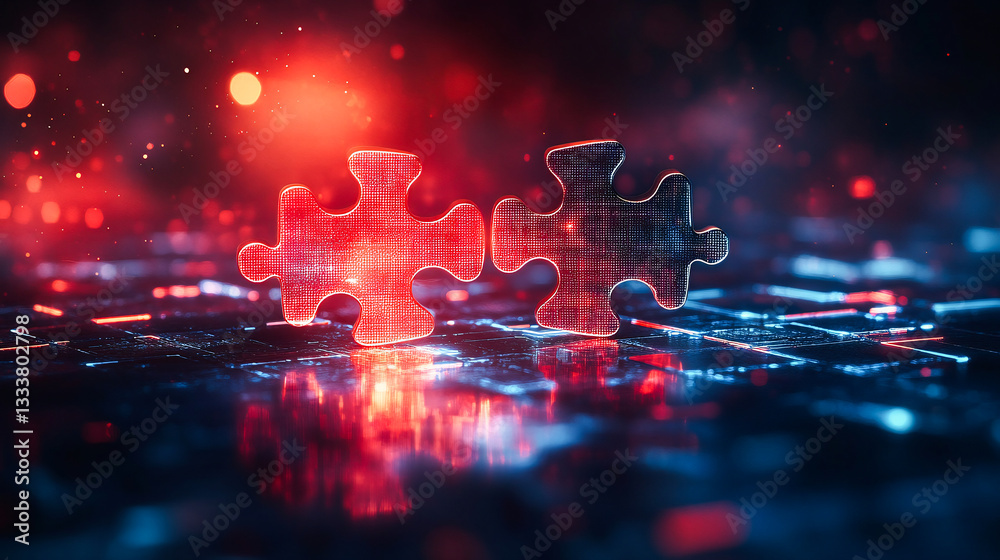 Poster digital representation of api integration concept with two interlocking puzzle pieces against a futu