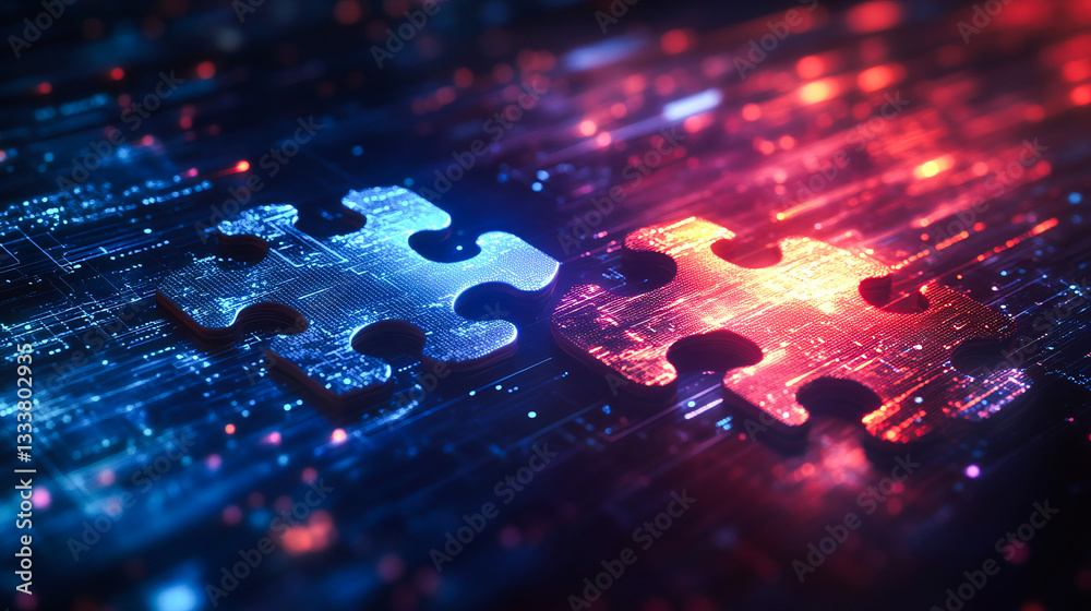 Poster digital representation of api integration concept with two interlocking puzzle pieces against a futu