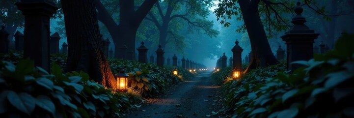 Lanterns illuminate a path through the overgrown graveyard, darkness, path