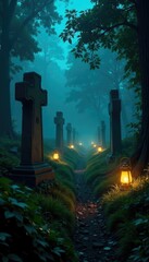 Lanterns illuminate crumbling headstones and overgrown vegetation, mystery, trees, lanterns
