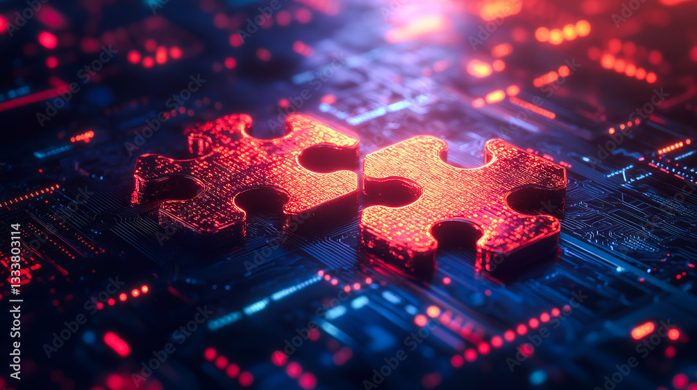 Poster digital representation of api integration concept with two interlocking puzzle pieces against a futu