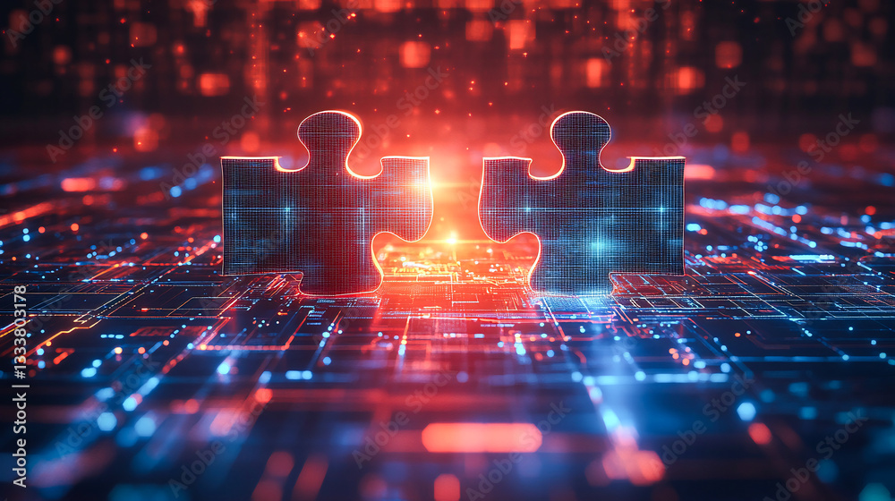 Poster digital representation of api integration concept with two interlocking puzzle pieces against a futu