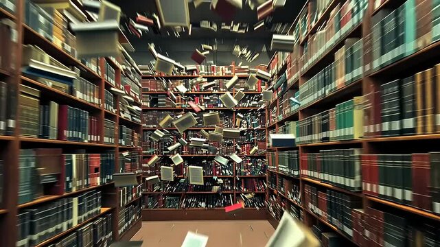 A chaotic scene in a library with books flying off shelves, creating a whirlwind of pages and excitement