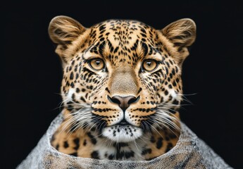 Obraz premium Majestic close-up of a leopard with striking features and mesmerizing eyes set against a dark background, illustrating the beauty of wildlife and nature conservation.