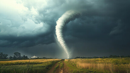 Epic tornado funnel cloud over field

