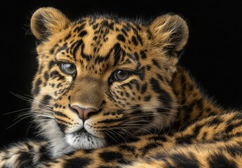 Obraz premium Majestic close-up of a leopard with striking fur patterns and piercing eyes against a dark background, showcasing the beauty of wildlife in its natural habitat.