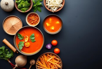 Fototapeta premium Overhead view of vibrant Thai red curry and tom yum soup ingredients arranged artistically on a dark background, food poster, illustration design