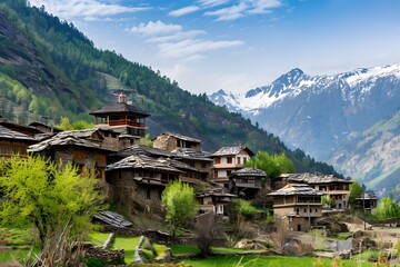 Traditional architecture in a serene mountain village surrounded by natural beauty and scenic hills.