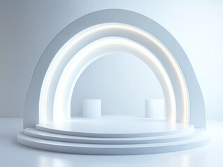 Minimalist stage with illuminated arches and pedestals for events.