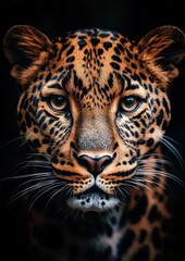 Fototapeta premium Majestic Close-Up of a Realistic Leopard with Striking Spots Showcasing Intense Eyes and Vibrant Fur Against a Dark Background