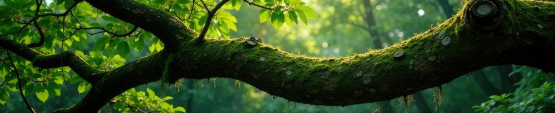 Large branches overgrown with moss and lichen, lichened, tree, wooden
