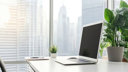 Minimalist office desk with natural light, blurred cityscape outside; simplicity and focus in a modern workspace.
