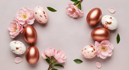 Rose gold Easter eggs with pink cherry blossoms and spotted decorative eggs on gray background. Elegant spring arrangement with flowers and petals. Easter Spring holidays. Horizontal banner