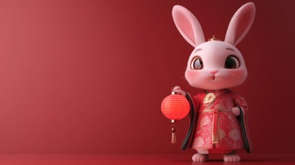 Adorable Cartoon Character: A Cheerful Bunny in Traditional Costume with Lantern on Red Background